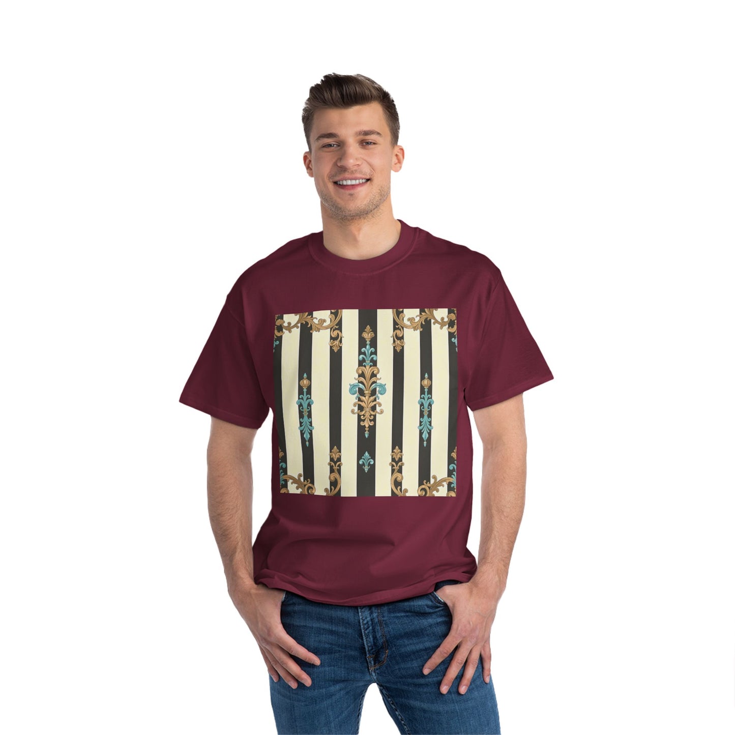 Elegant Floral Pattern Tee, Vintage Style T-Shirt, Gift for Her, Casual Outfit - Black Striped Turquoise & Black Rococo