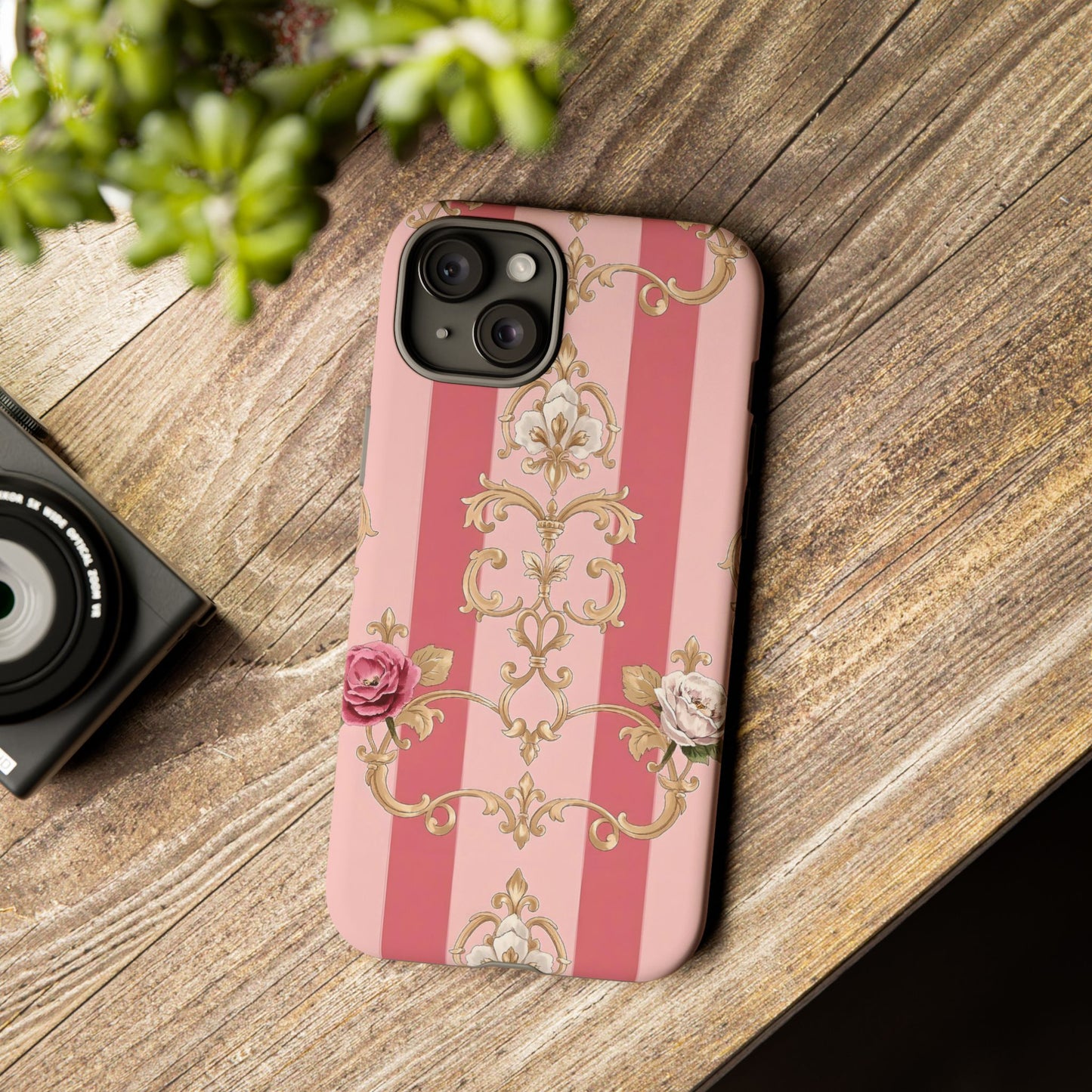 Elegant Floral Motif Phone Case - Tough Cases with Vintage Design - Pink Striped Roses & Damask