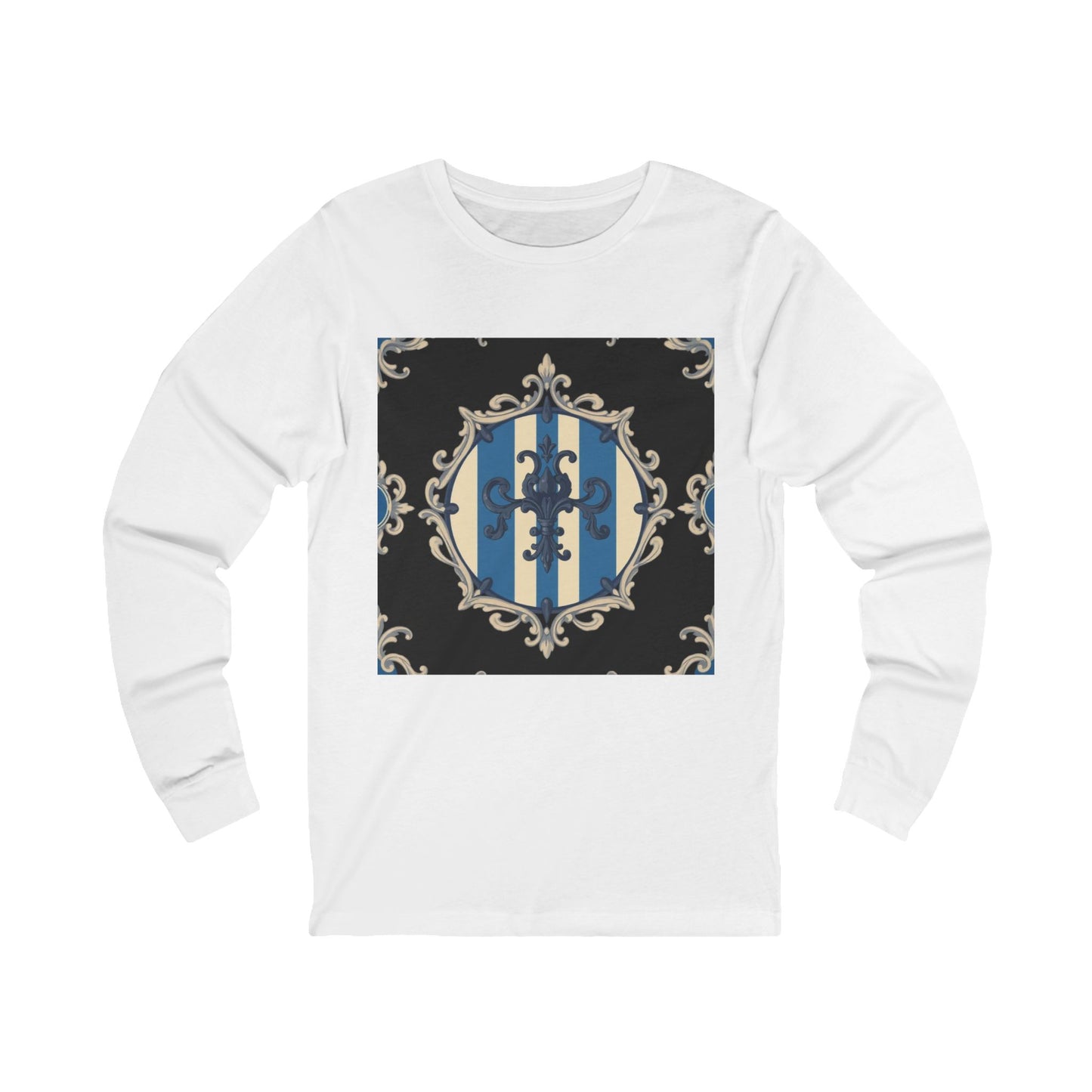 Elegant Blue & Alabaster Striped Baroque Long Sleeve Tee | Unisex Stylish Top for Casual Wear, Gift for Her, Him, Birthday, Fashion Statement