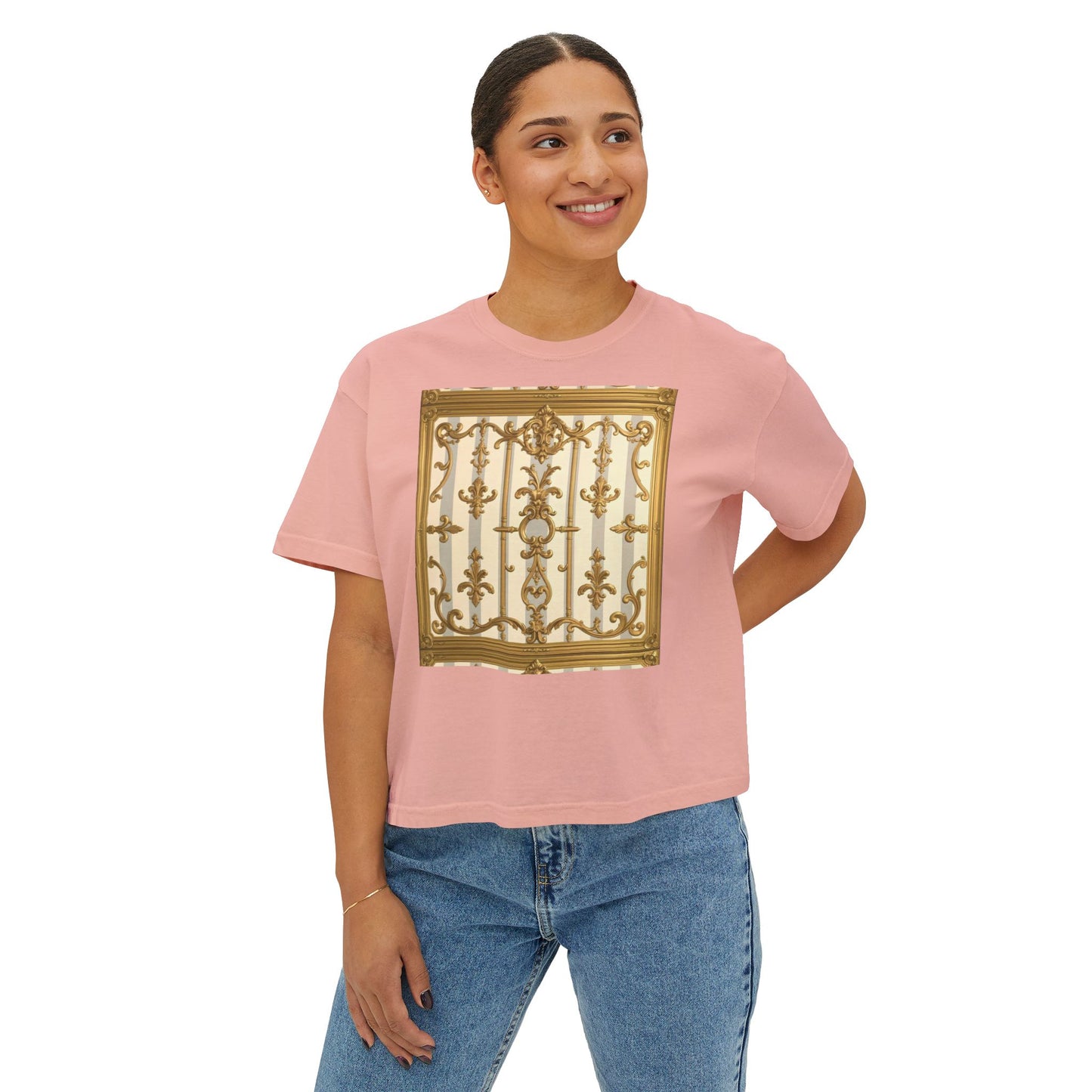 Chic Women's Boxy Tee with Elegant Gate Design, Stylish Casual Wear, Summer Tee, Gift for Her - Matte Gray & Cream Striped Gold Baroque