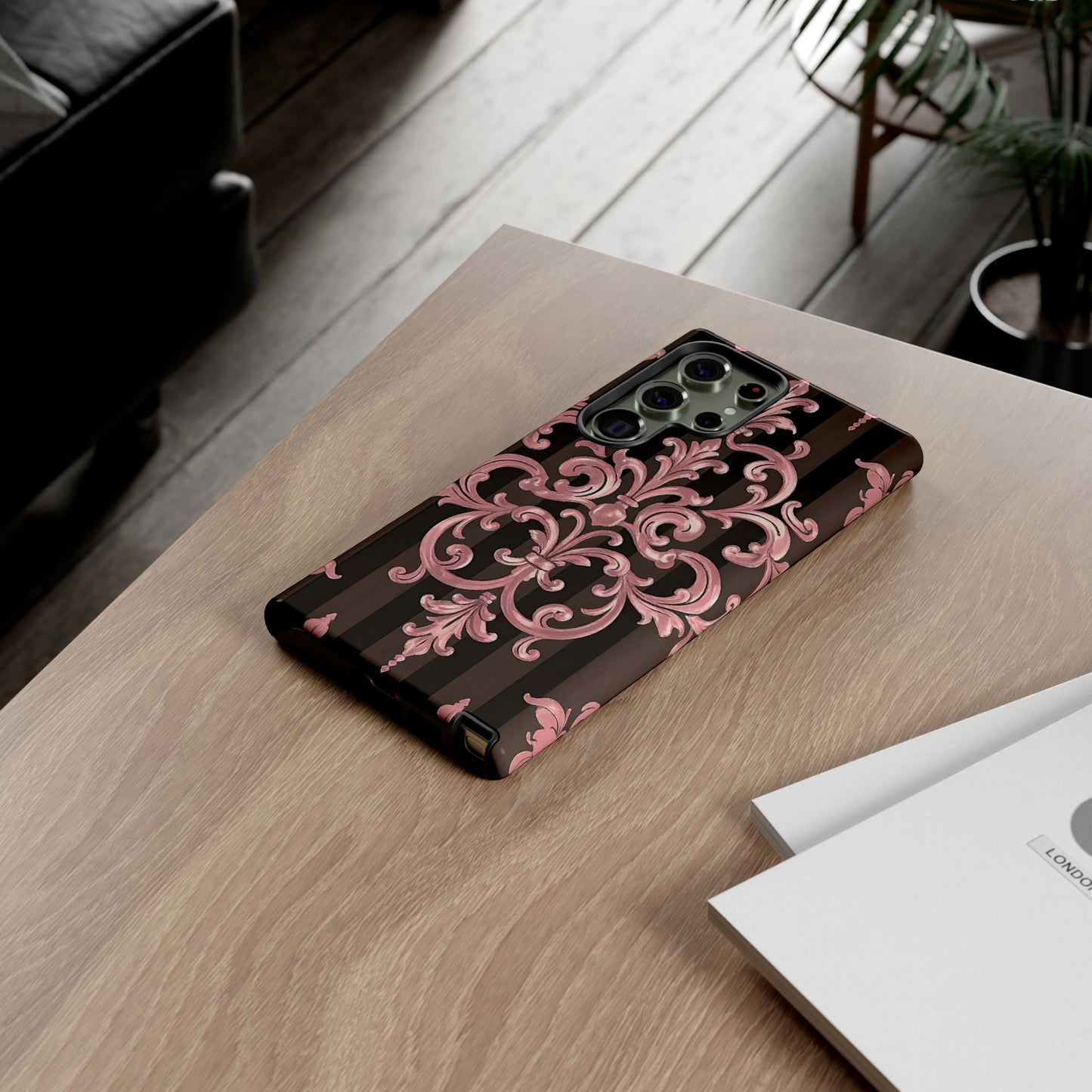 Elegant Floral Motif Phone Case - Tough Cases with Vintage Design - Brown Striped Mauve Damask