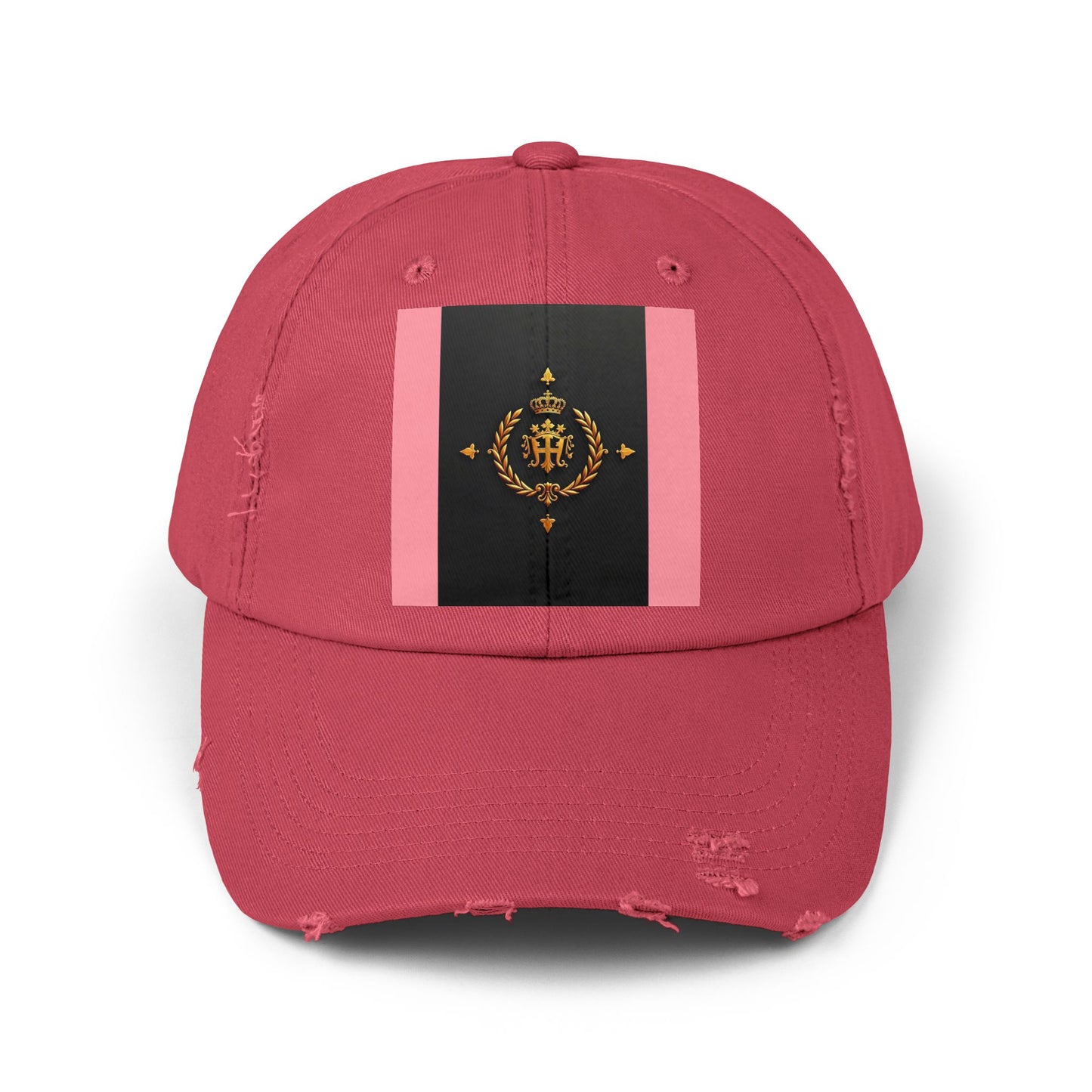 Stylish Unisex Distressed Cap with Trendy Design, Casual Accessories for Everyday Wear, Fashion Statement Cap - Pink Striped Gold Crest