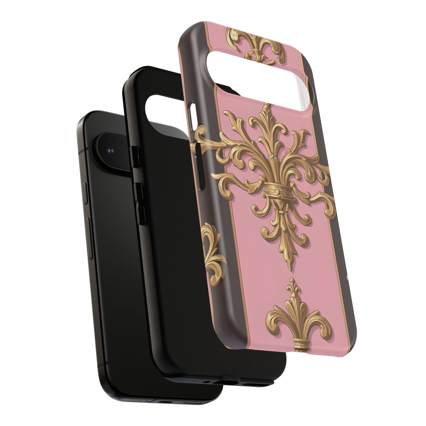 Elegant Floral Motif Phone Case - Tough Cases with Vintage Design - Pink & Brown Striped Gold Damask