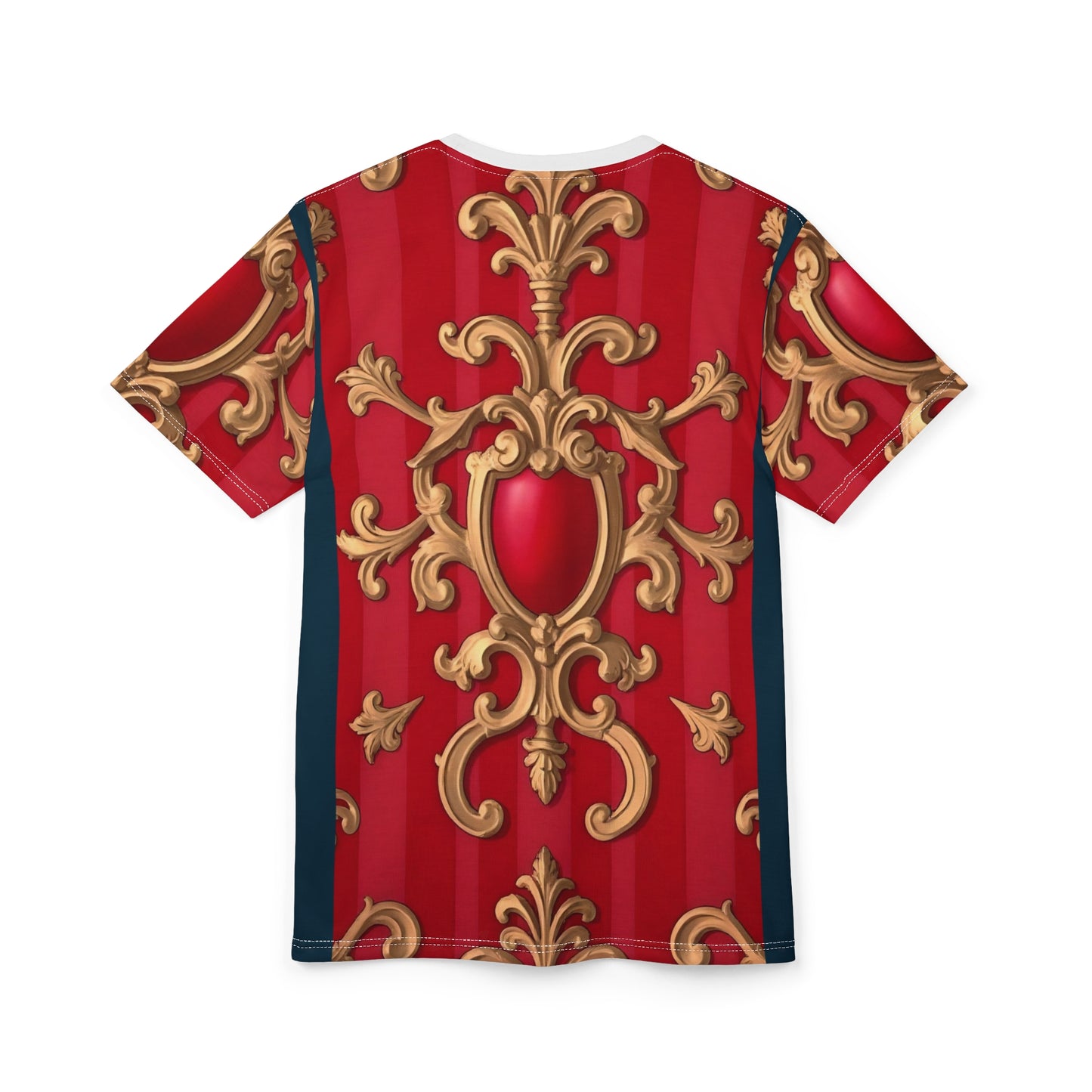 Elegant Baroque Pattern Unisex Tee, Luxurious Graphic T-Shirt, Statement Shirt, Unique Gift - Blue, Red & White Striped Baroque