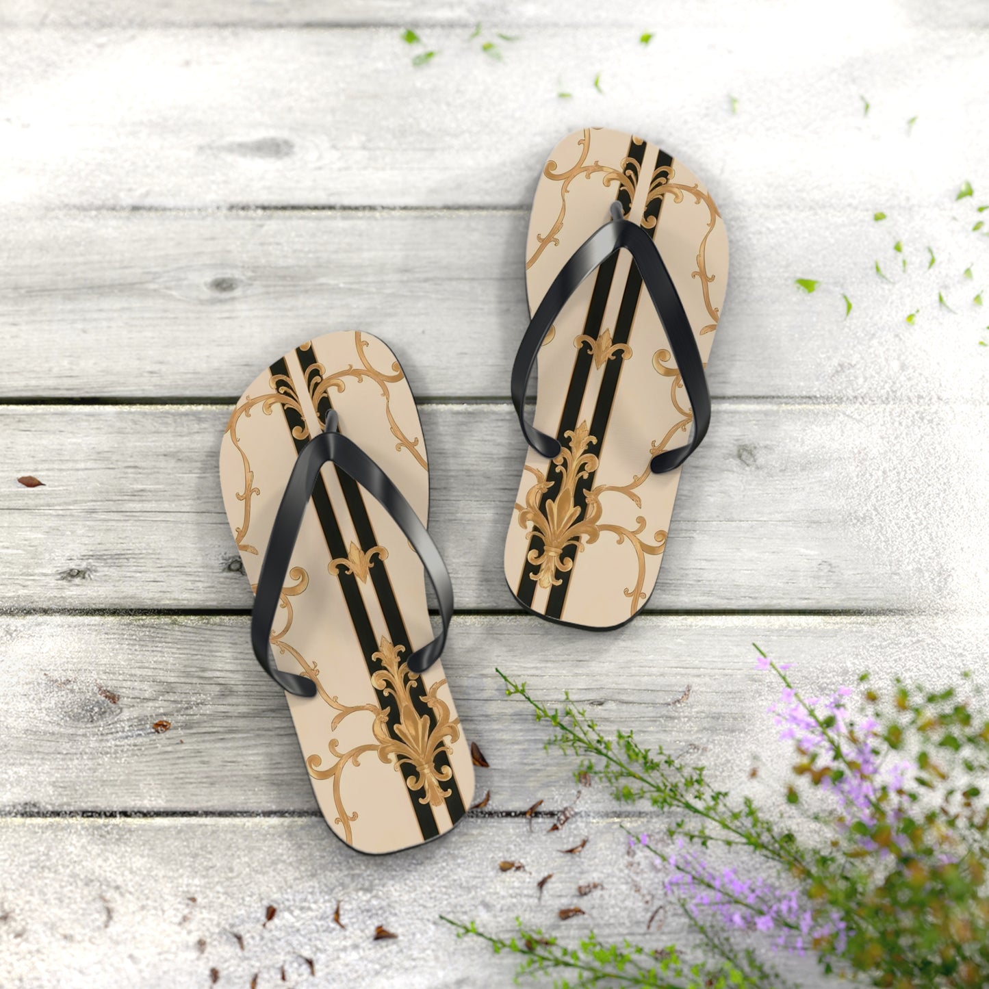 Chic Floral Flip Flops | Stylish Summer Sandals for Beach, Pool, Vacation, Travel, Fun In The Sun - Black & Beige Striped Damask
