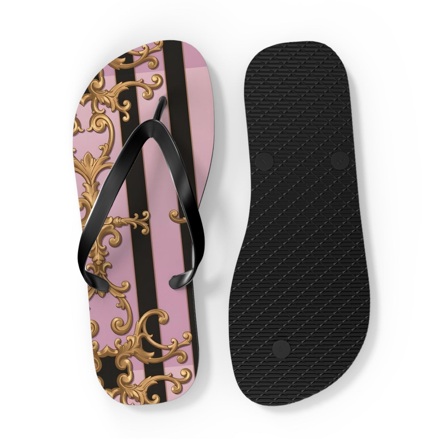 Chic Floral Flip Flops, Summer Sandals, Beach Footwear, Vacation Style, Poolside Essentials - Matte Lavender & Black Striped Gold Baroque