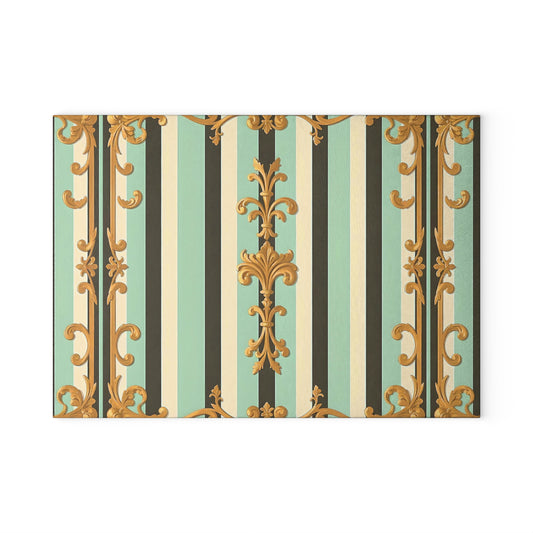 Elegant Vintage Glass Cutting Board - Decorative Kitchen Upgrade, Chef Gift, Wedding Registry, Culinary Art - Black & Matte Mint Striped Rococo