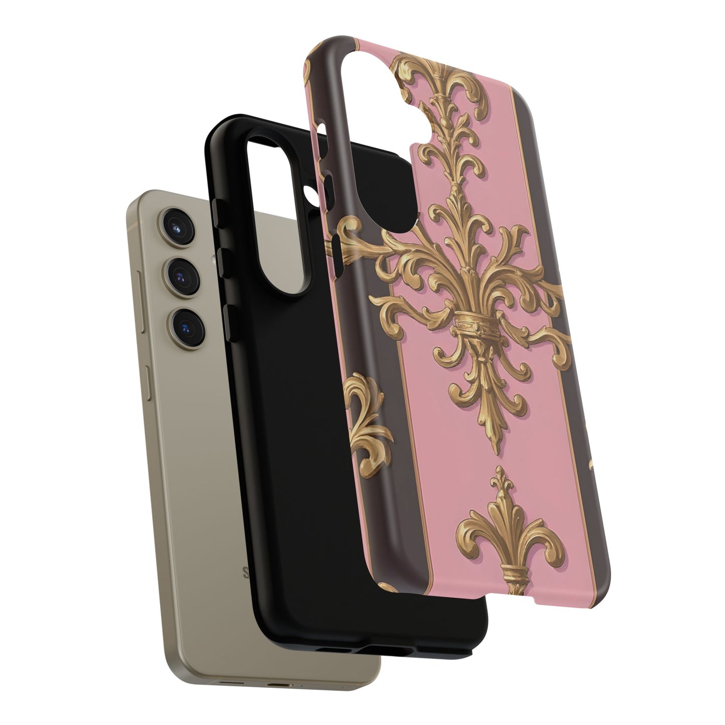 Elegant Floral Motif Phone Case - Tough Cases with Vintage Design - Pink & Brown Striped Gold Damask