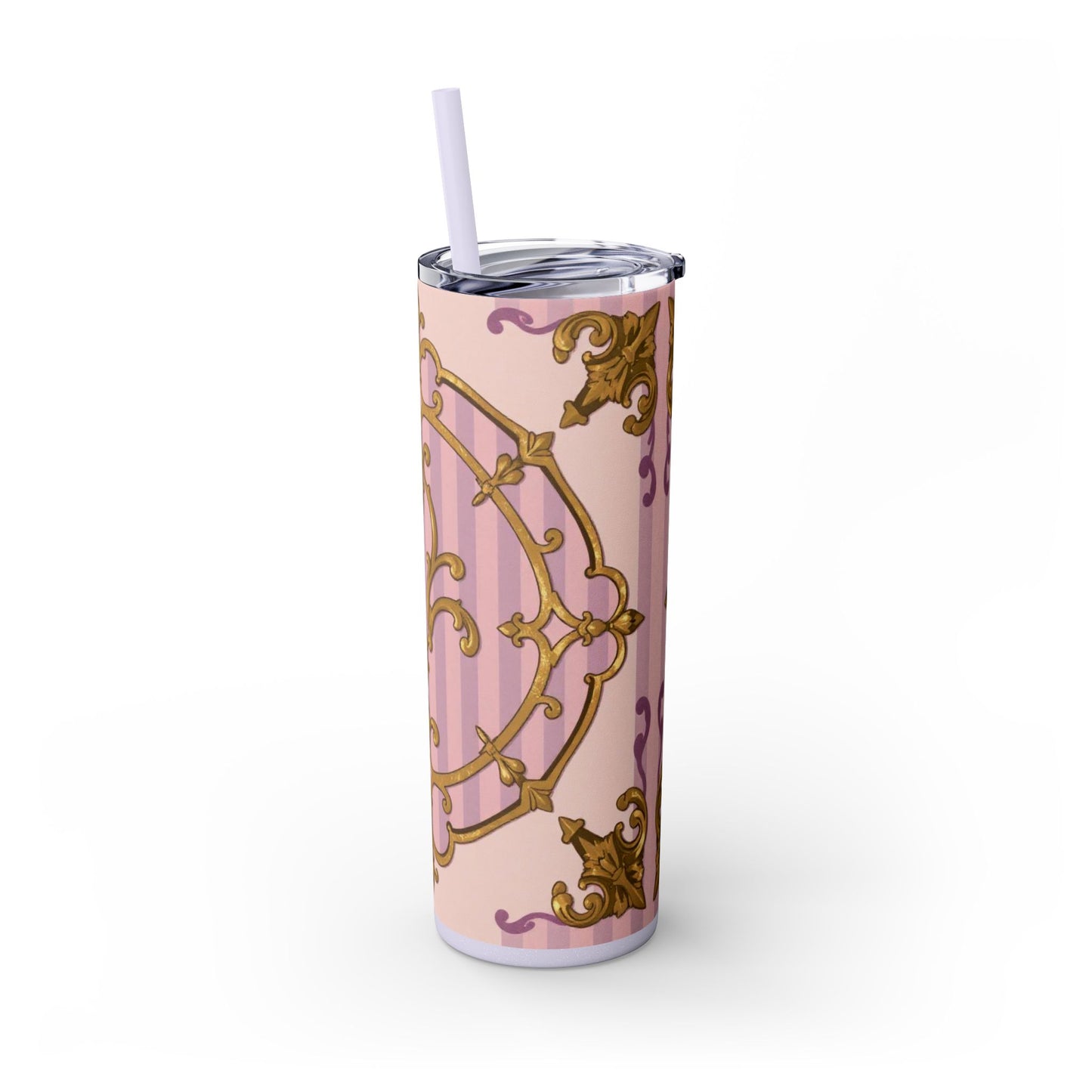 Elegant Lavender & Alabaster Striped Gold Baroque Tumbler - Insulated 20oz Skinny Cup with Straw, Ideal for Gifts, Parties, and Daily Use