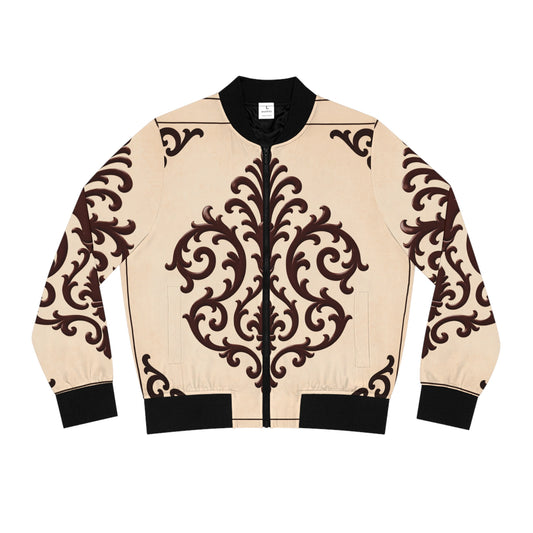 Almond-Beige & Brown Baroque Scroll Pattern Women's Bomber Jacket – Vintage Ornate AOP