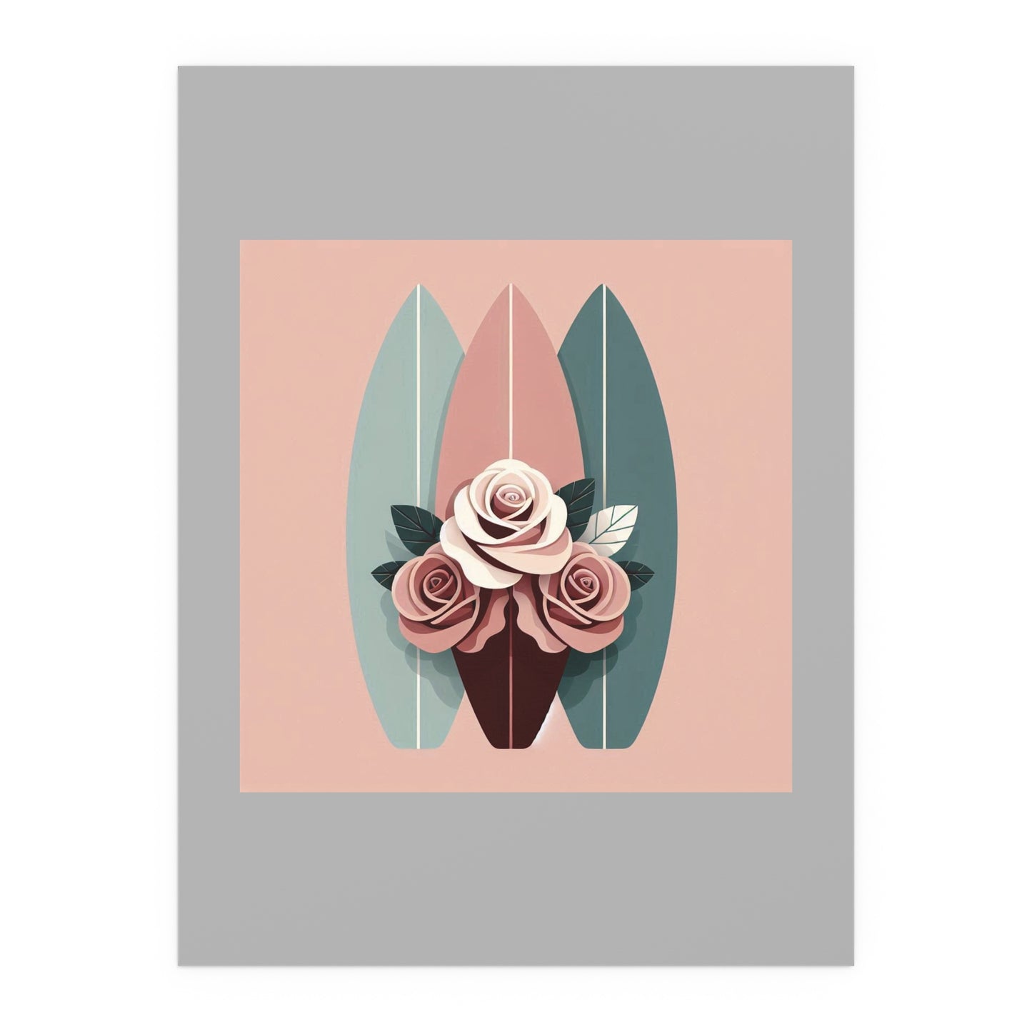Elegant Floral Silk Poster - Indoor/Outdoor Wall Art for Home Decor - Burgundy, Matte Mauve & Teal Surfboard & Roses