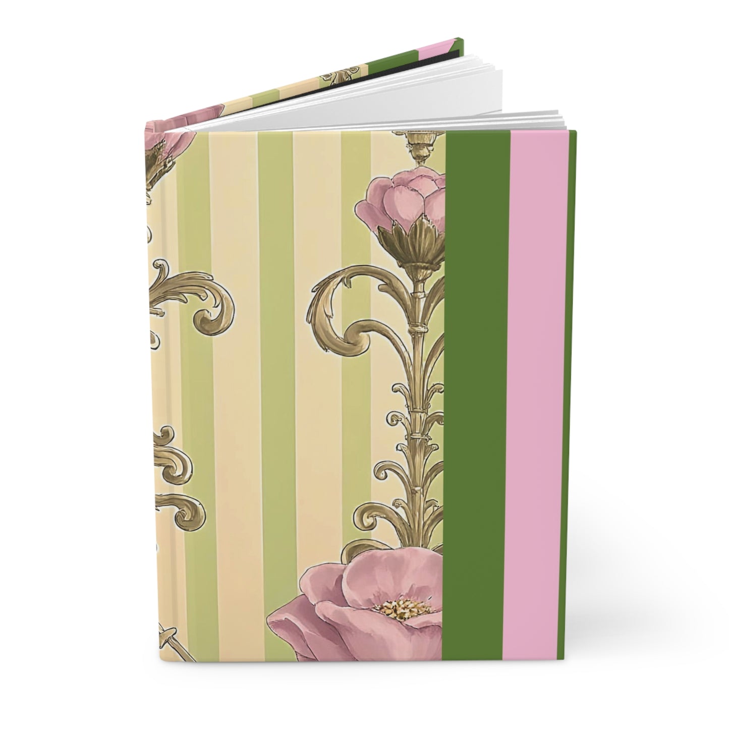 Elegant Floral Hardcover Journal - Stylish Writing Notebook - Lime Green & Pink Striped Damask