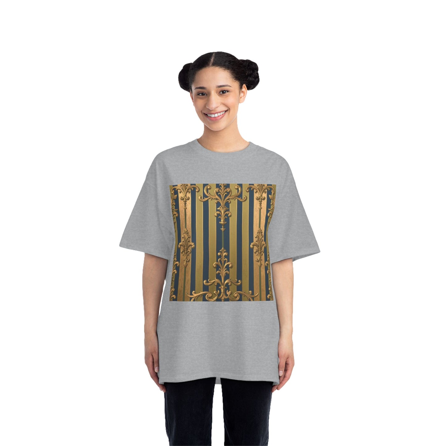 Elegant Midnight Blue & Olive Striped Gold Baroque Short-Sleeve Unisex T-Shirt, Vintage Fashion Tee, Casual Summer Top