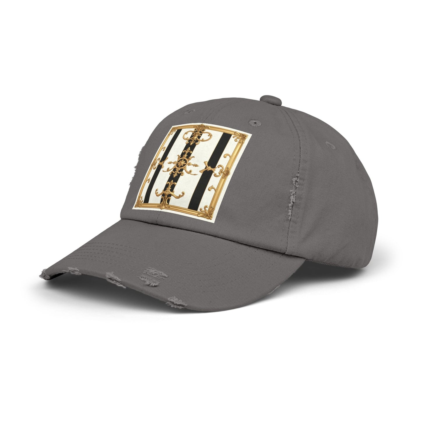 Stylish Distressed Cap with Unique Gold Design, Trendy Hat, Casual Wear, Gift for Him/Her - Black & White Striped Gold Baroque