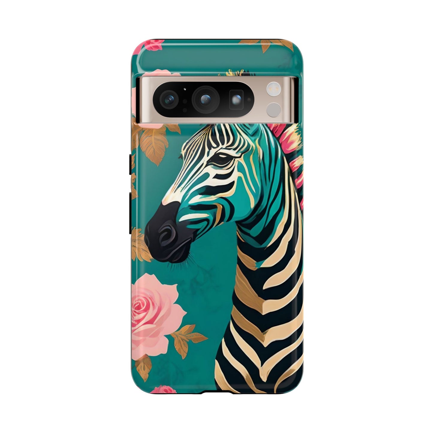 Phone Case - Elegant Teal & Gold Zebra & Roses Design