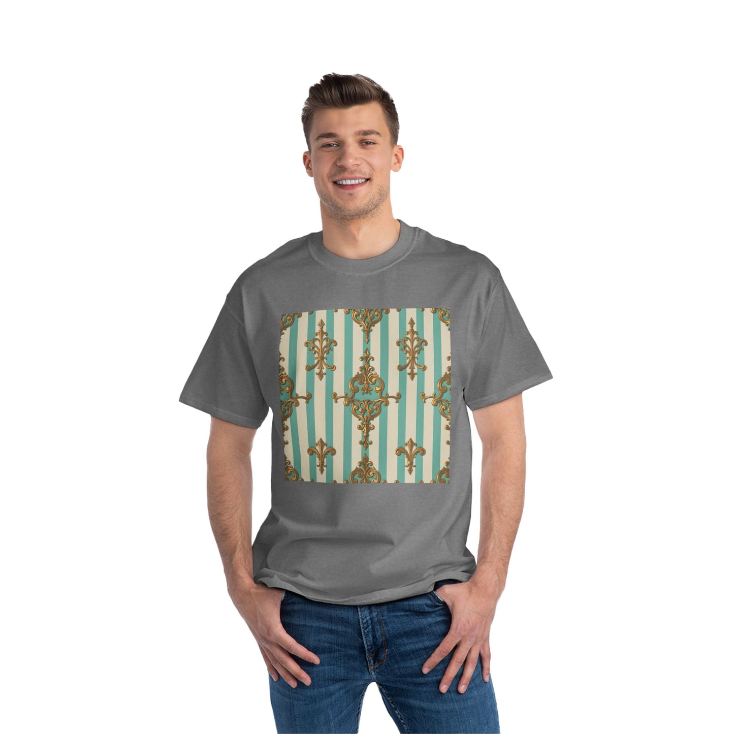 Elegant Patterned Short-Sleeve T-Shirt, Fashion Tee, Casual Wear, Gift for Her, Summer Style, Unique Design - Matte Green Striped Rococo