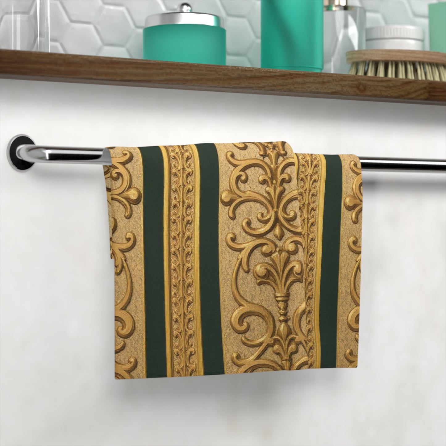 Luxurious Teal Striped Gold Baroque Face Towel, Elegant Bathroom Decor, Gift for Her, Spa Day Essential, Wedding or Home Use