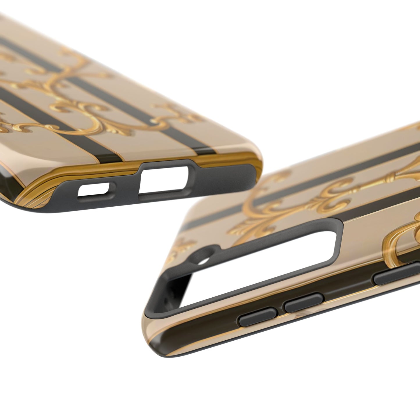 Elegant Vintage Tough Phone Case, Stylish Phone Cover, Boho Accessories, Perfect Gift for Her - Beige Striped Gold Rococo