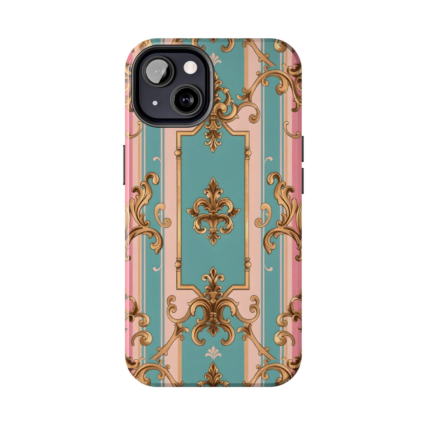 Elegant Floral Tough Phone Case, Artistic Phone Cover, Gift for Her, Chic Phone Accessory - Pink & Matte Turquoise Striped Rococo
