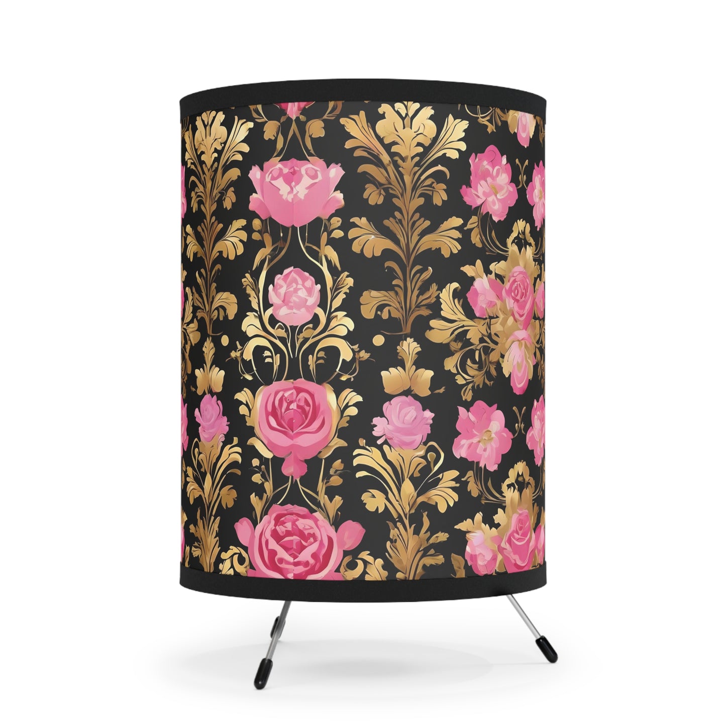Elegant Tripod Lamp with Vintage Floral Print Shade - High-Res Home Accent - Pink & Gold Roses
