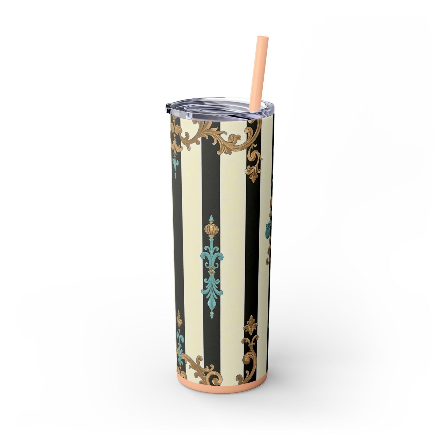 Elegant Stripe Skinny Tumbler | 20oz | Ideal Gift for Home, Office, Travel, Party, or Everyday Use - Black Striped Turquoise & Black Rococo