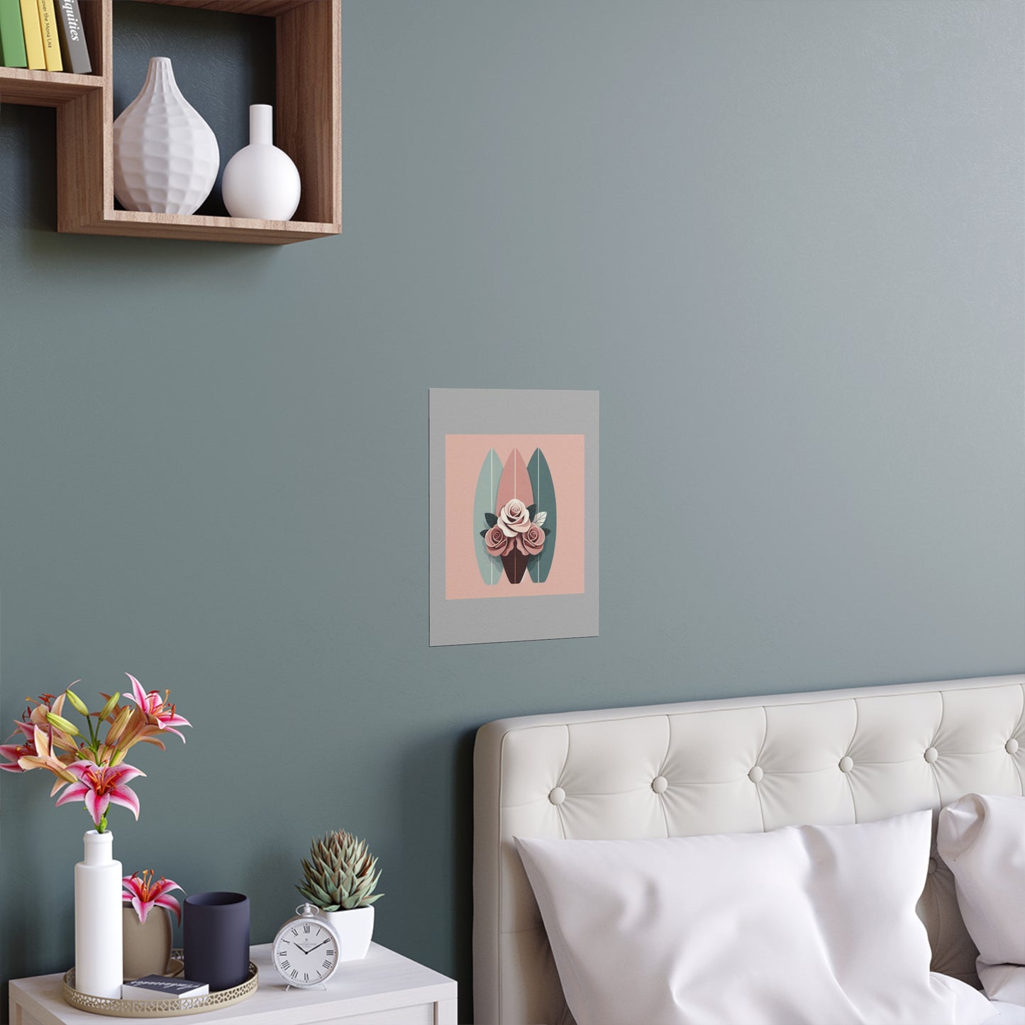 Elegant Floral Silk Poster - Indoor/Outdoor Wall Art for Home Decor - Burgundy, Matte Mauve & Teal Surfboard & Roses