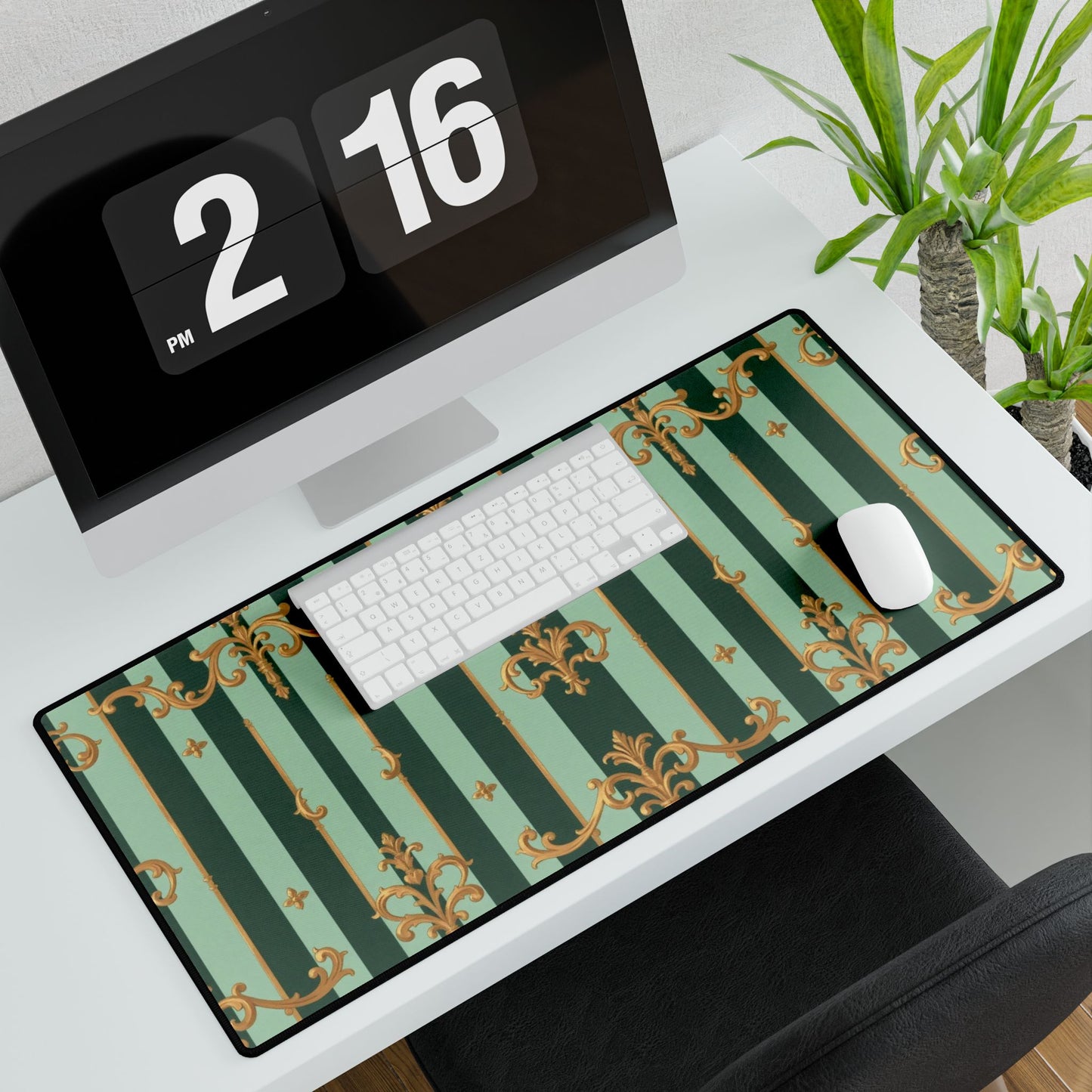 Elegant Office Desk Mats, Decorative Desk Accessories, Home Office Decor, Stylish Mouse Pads - Mint Green & Teal Striped Gold Baroque