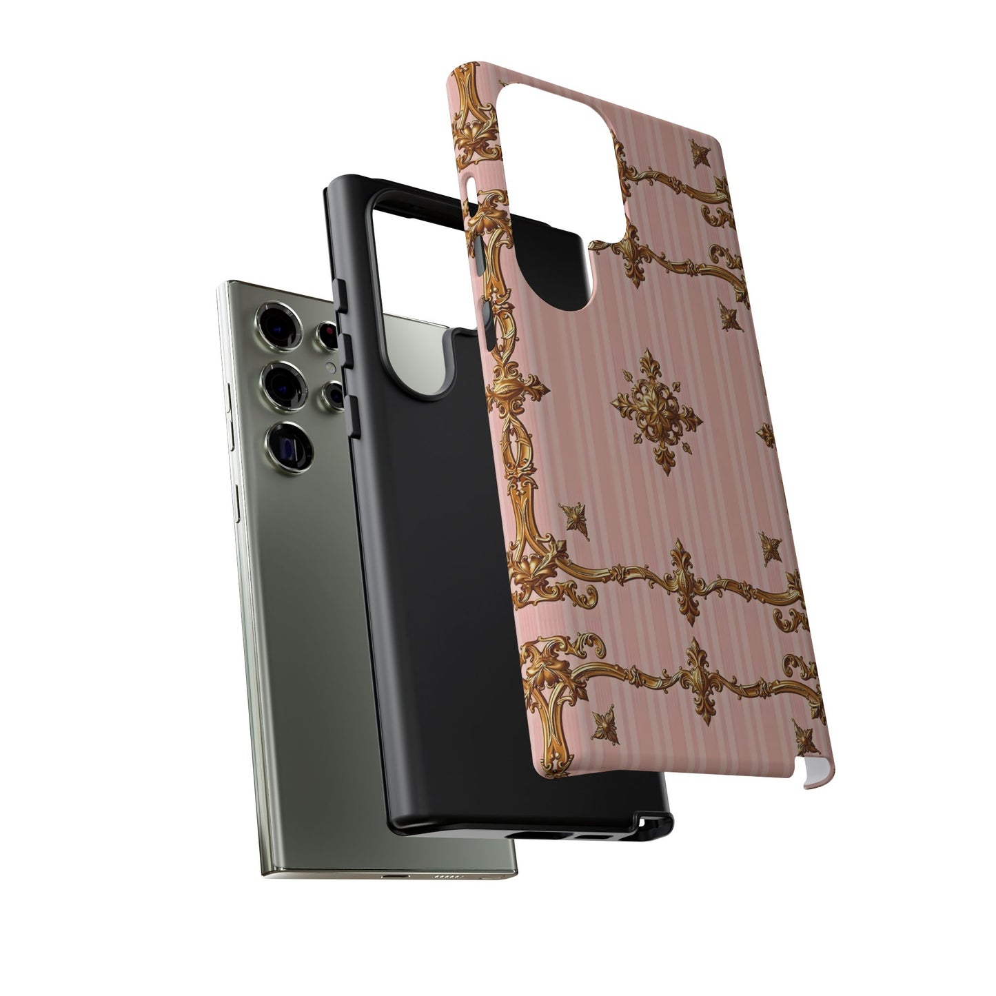 Elegant Floral Phone Case, Tough Cases for Women, Trendy Phone Cover, Chic Gift - Pink Striped Gold Baroque