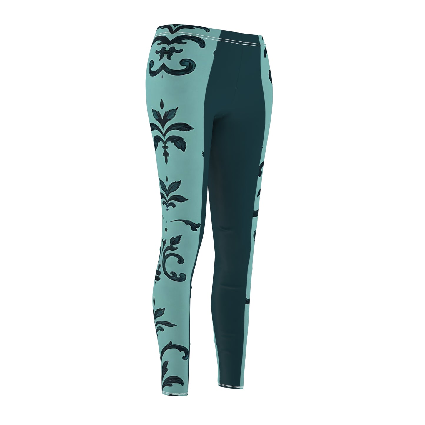 Elegant Floral Print Women's Leggings, Fashionable Activewear, Casual Yoga Leggings, Workout Pants, Gifts for Her - Teal Striped Rococo