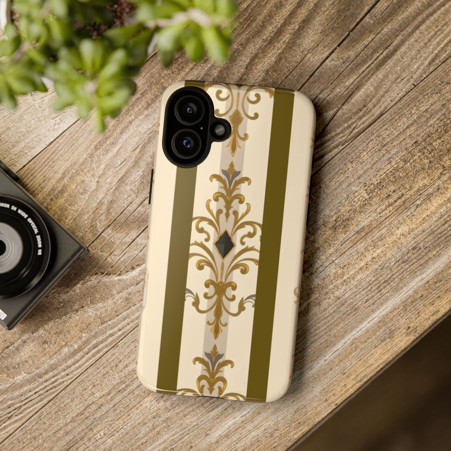 Elegant Floral Motif Phone Case - Tough Cases with Vintage Design - Olive Striped Gold Damask
