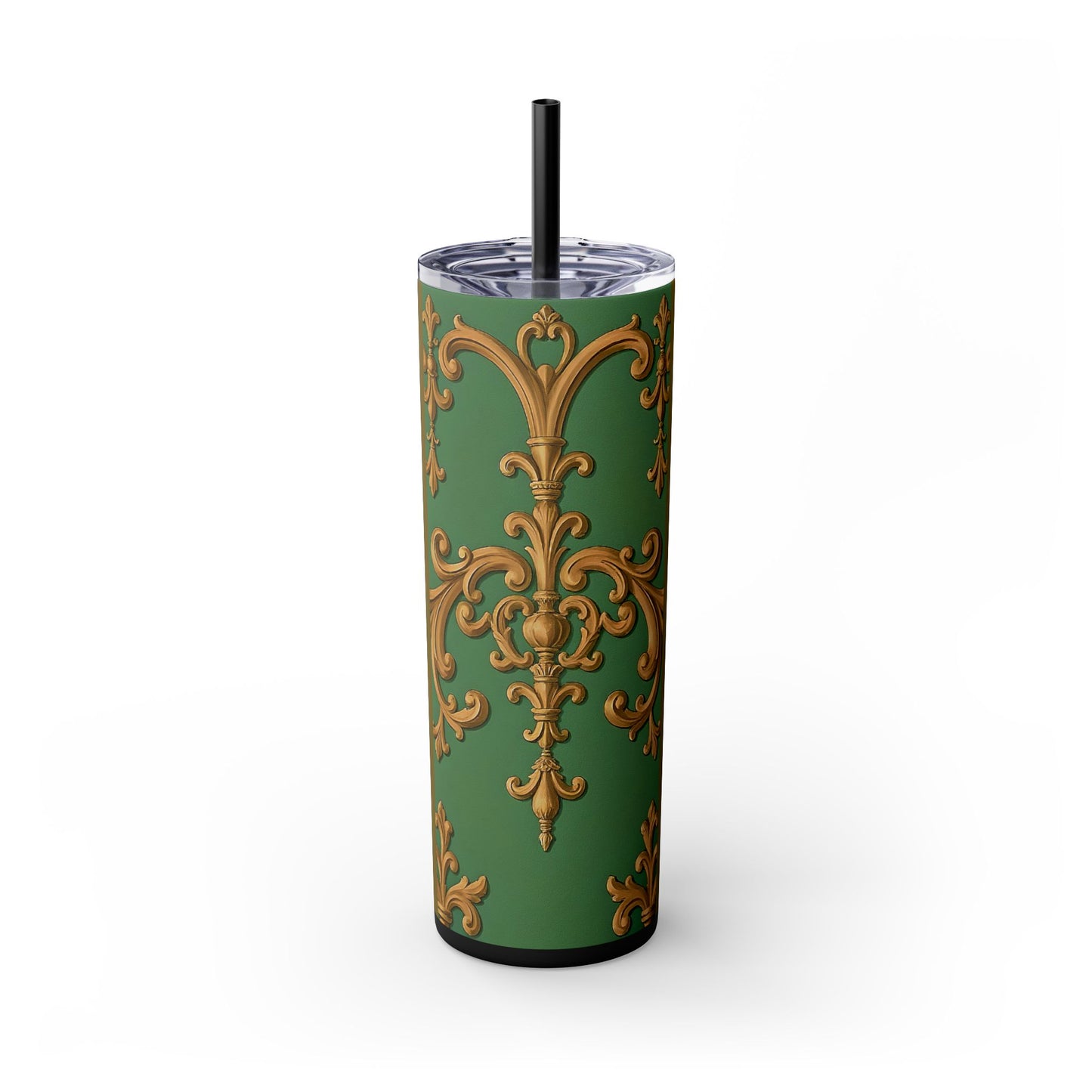 Elegant Green Pattern Skinny Tumbler with Straw, Stylish Drinkware, Gift for Her, Travel Mug, Home Decor, Floral Design - Olive Green Striped Rococo