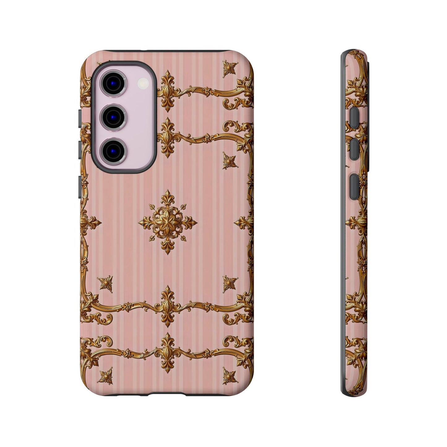 Elegant Floral Phone Case, Tough Cases for Women, Trendy Phone Cover, Chic Gift - Pink Striped Gold Baroque