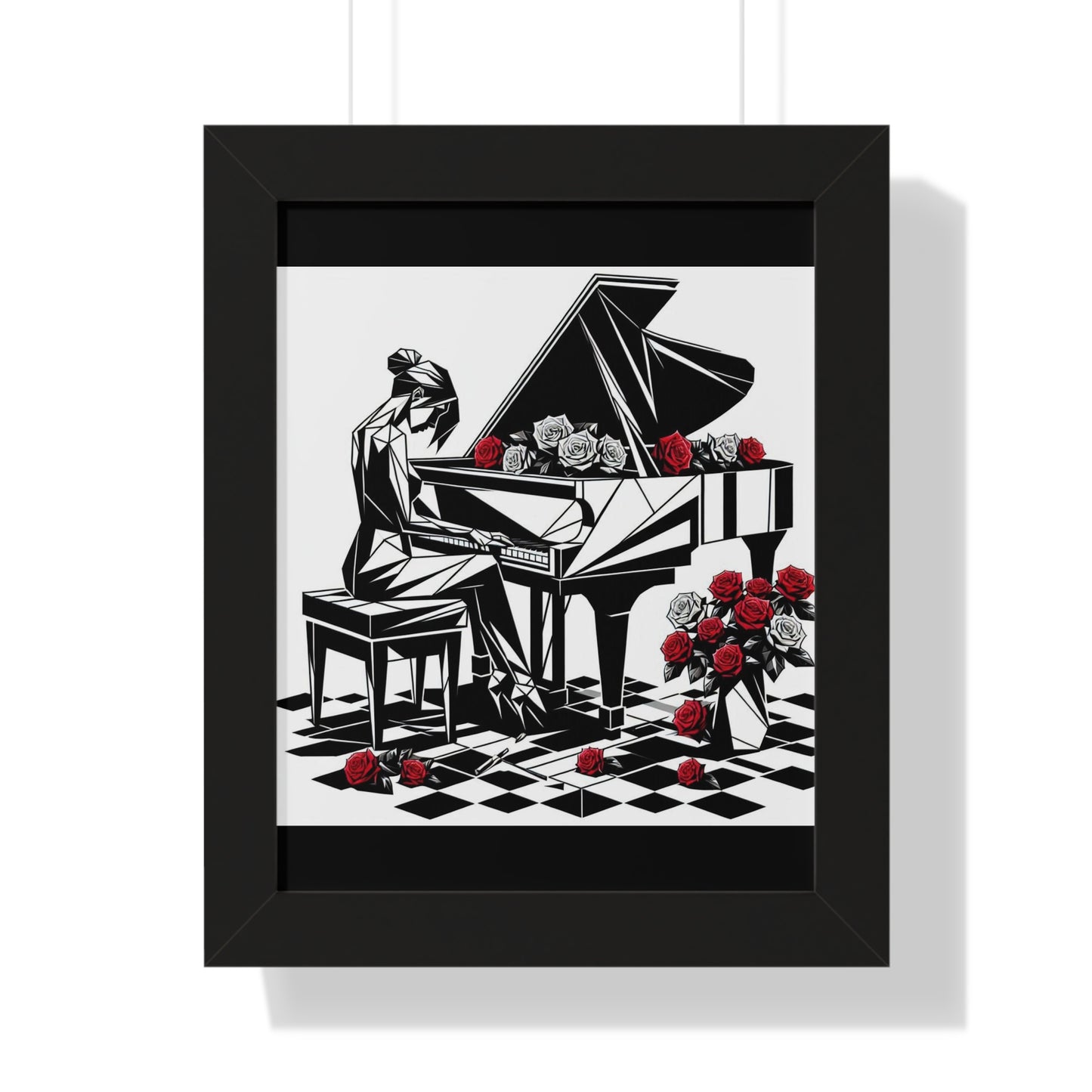 Vertical Poster - Black & White Grand Piano & Red Roses Wall Art