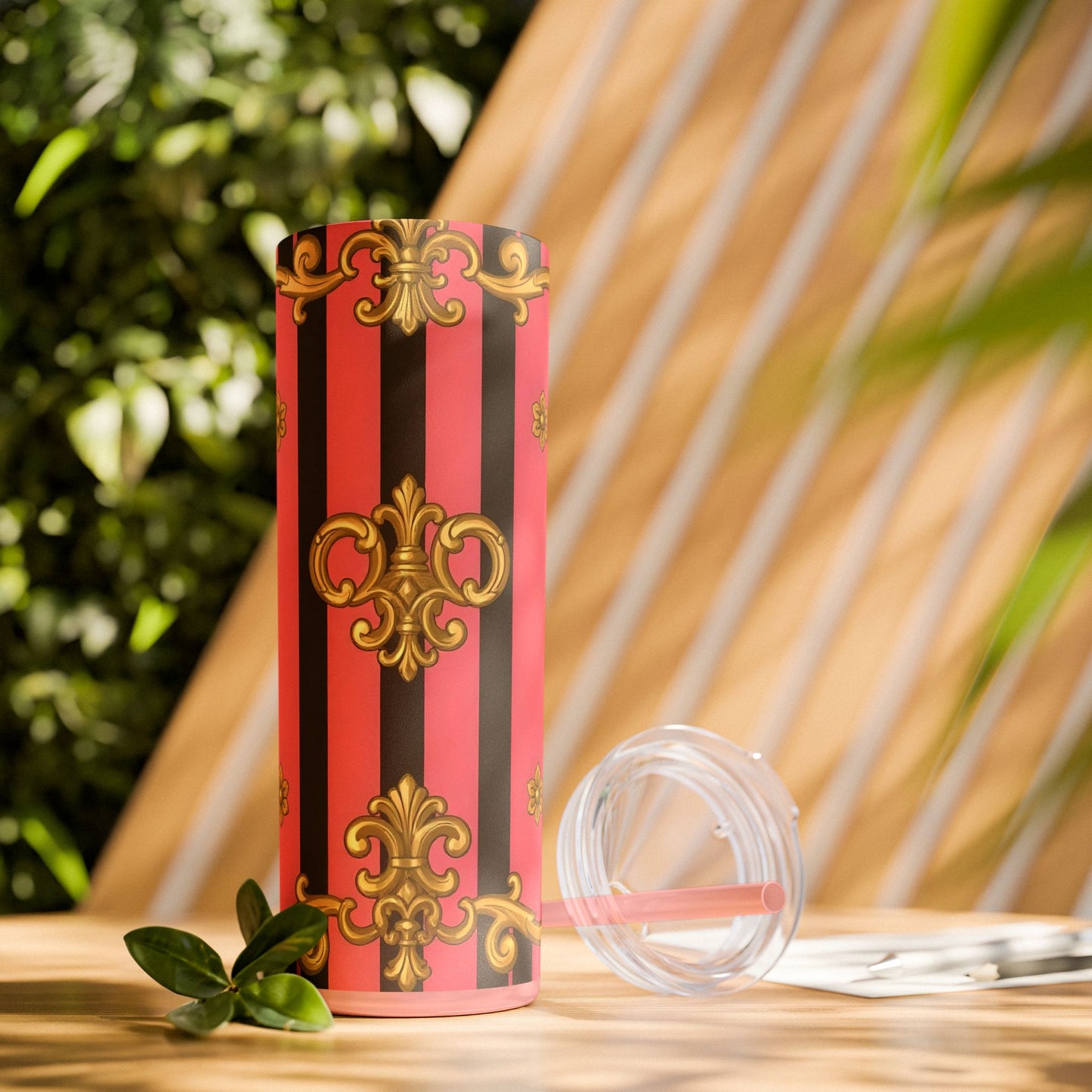 Chic Pink Striped Skinny Tumbler, 20oz | Elegant Travel Mug, Perfect Gift for Birthdays - Pink & Black Striped Gold Baroque