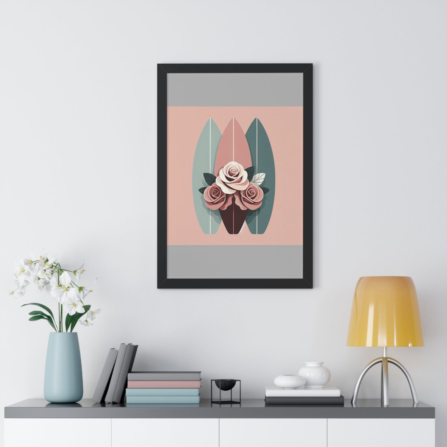Vertical Poster - Burgundy, Matte Mauve & Teal Surfboard & Roses Wall Art