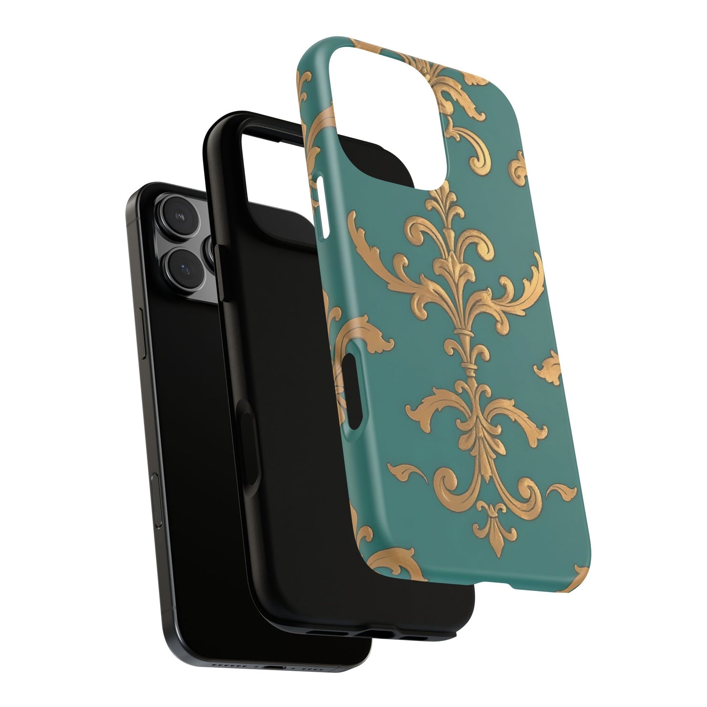 Elegant Floral Motif Phone Case - Tough Cases with Vintage Design - Aqua & Gold Damask