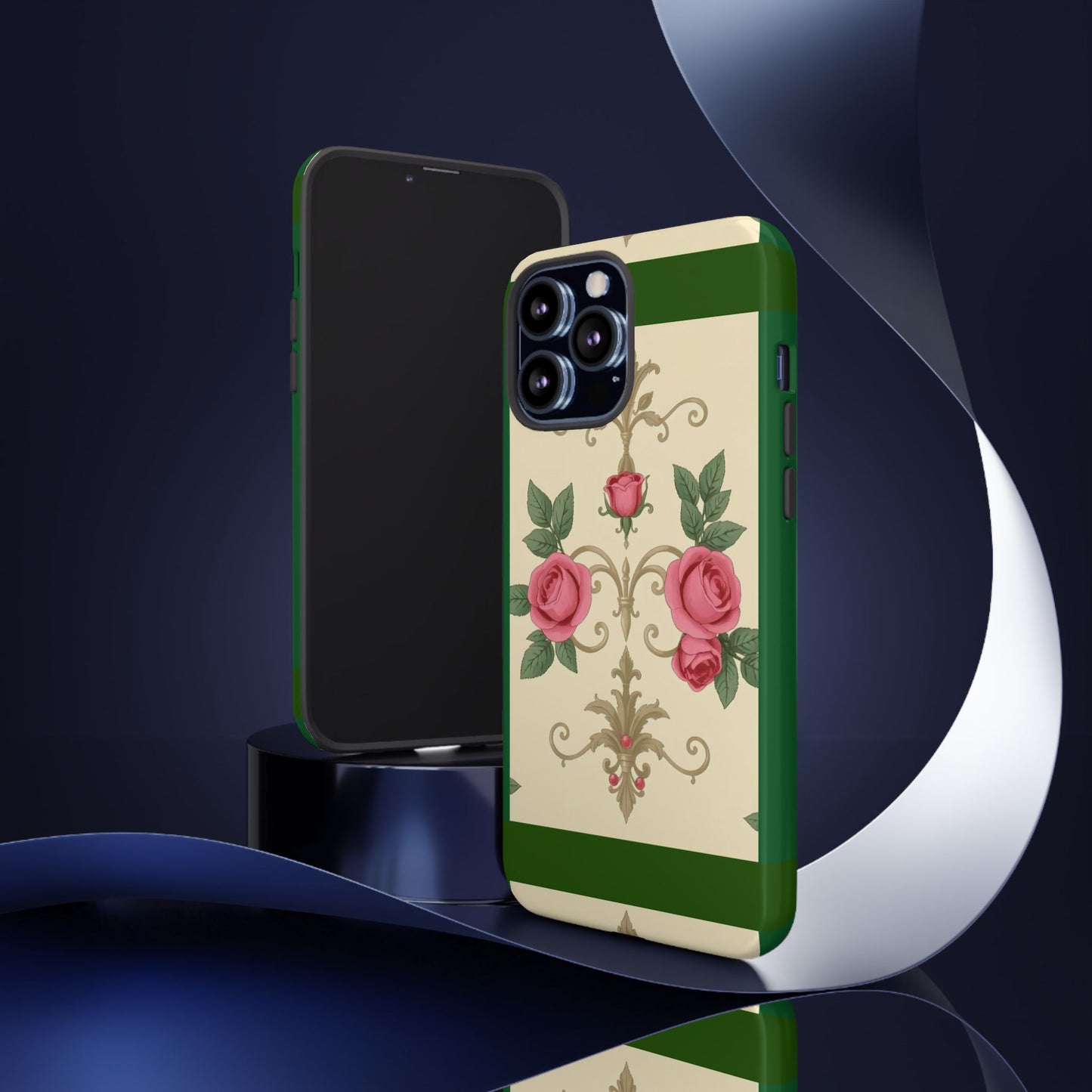 Elegant Floral Motif Phone Case - Tough Cases with Vintage Design - Green Border Roses & Damask