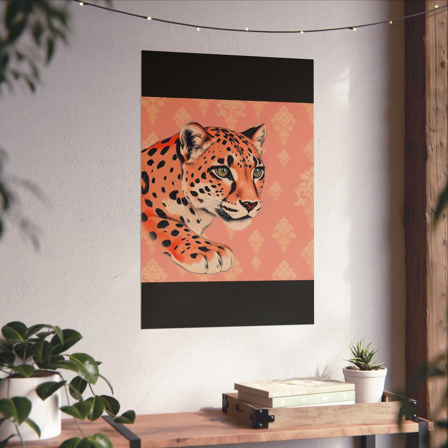Floral Motif Art Poster - Elegant Matte Vertical Wall Decor - Peach Leopard & Damask