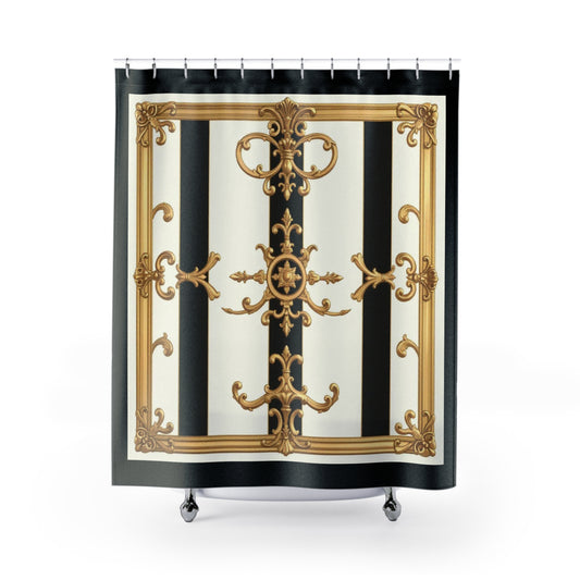 Elegant Classic Shower Curtain with Ornate Frame Design, Perfect for Bathroom Decor, Vintage Style - Black & White Striped Gold Baroque