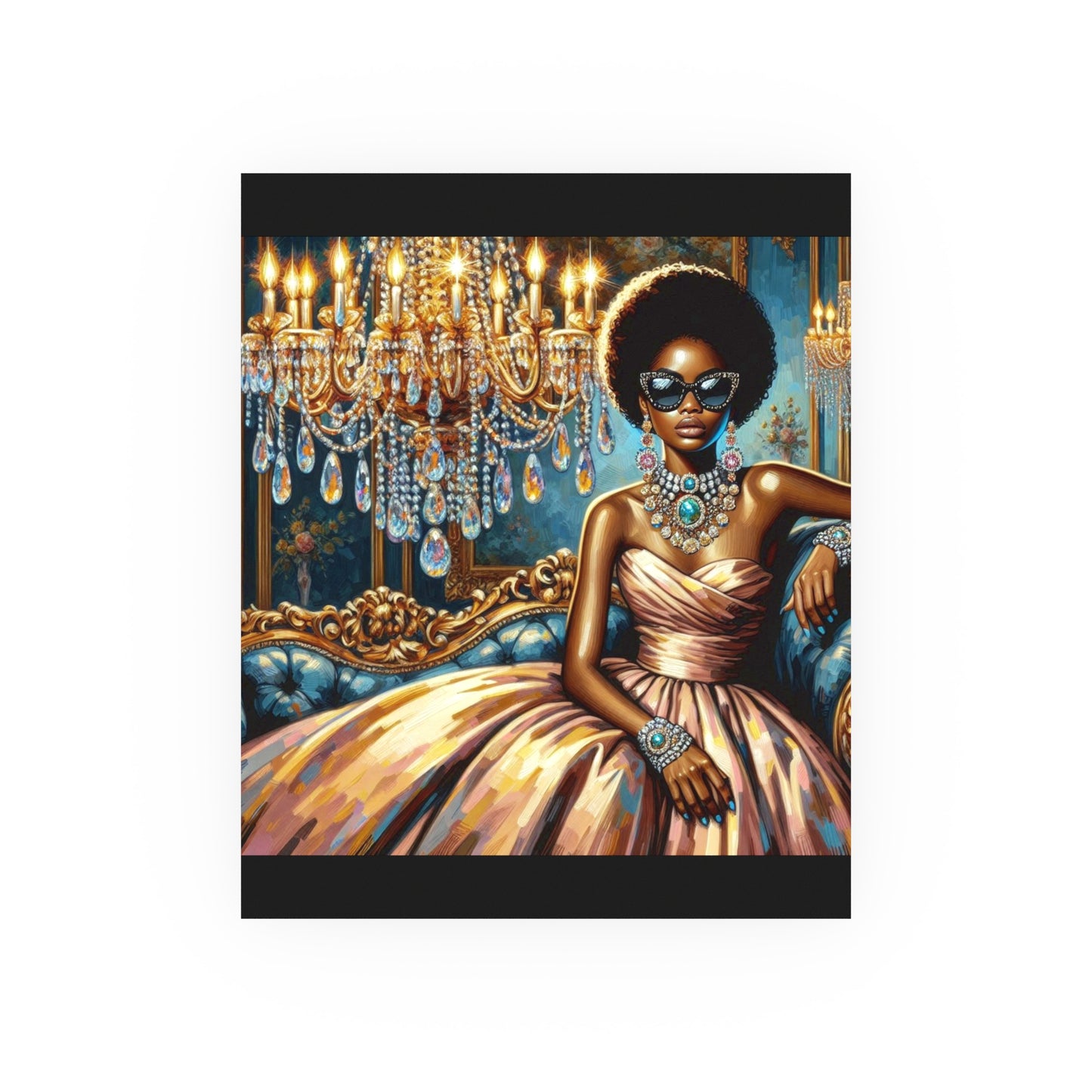 Elegant Glamour Satin Poster, Wall Art Decor, Modern Home Gallery, Gift for Art Lovers, Chic Interior Decoration - Elegant Lady & Chandelier