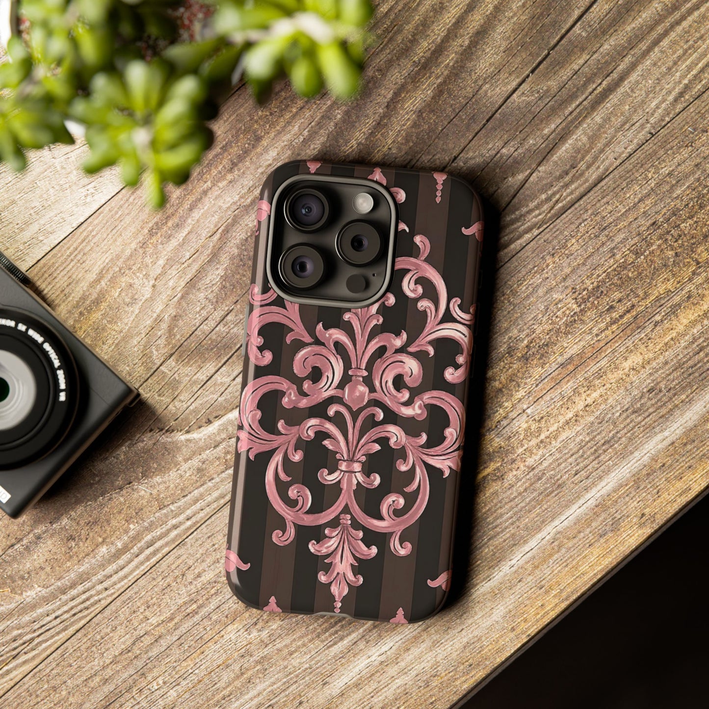 Elegant Floral Motif Phone Case - Tough Cases with Vintage Design - Brown Striped Mauve Damask