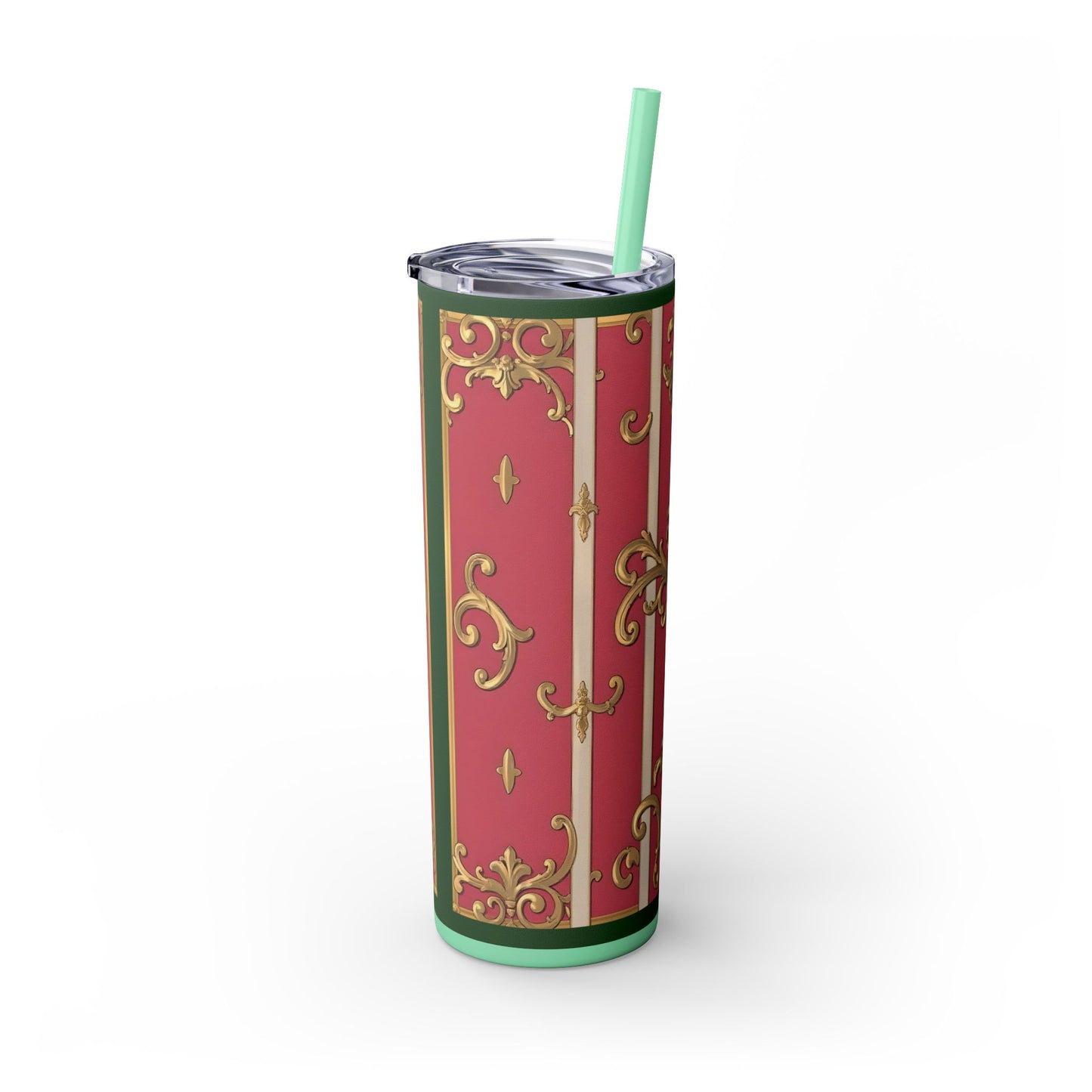 Elegant Green Border Pink Striped Baroque Skinny Tumbler with Straw, Reusable Travel Mug, Gift for Her, Fashionable Drinkware