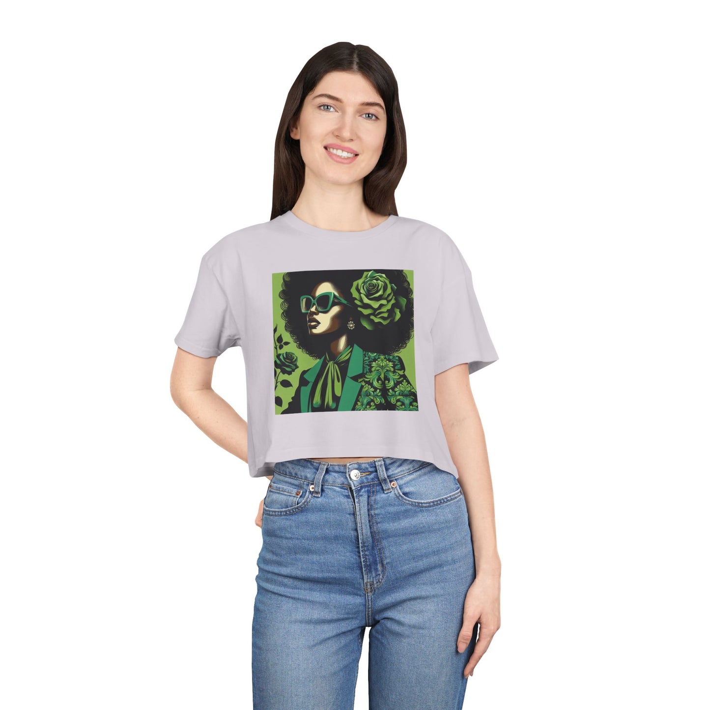 Stylish Women's Crop Tee with Damask Design | Trendy Summer Top, Afro Crop Shirt, Casual Wear, Gift for Her - Lady in Green Damask
