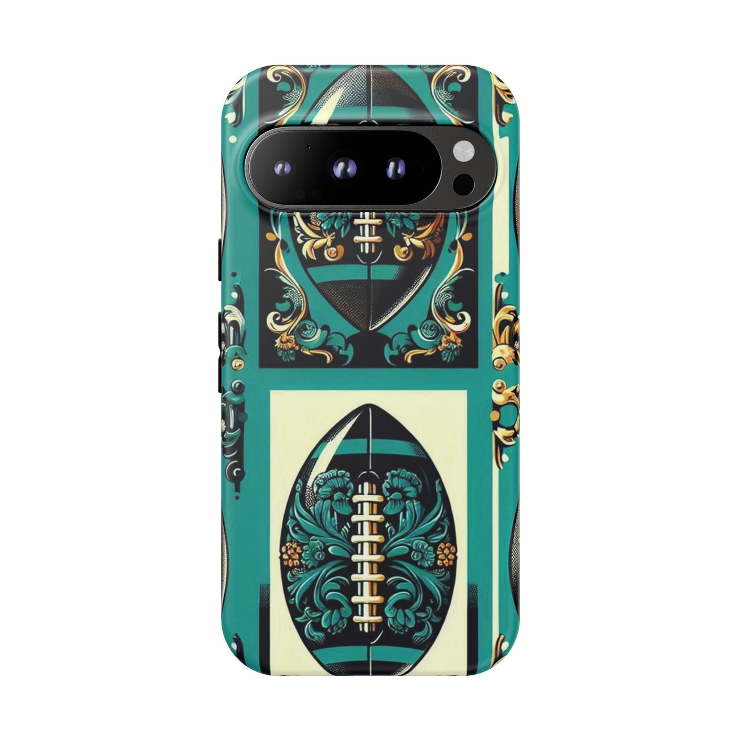 Elegant Floral Motif Phone Case - Tough Cases with Vintage Design -  Damask Teal, Gold & Black Footballs