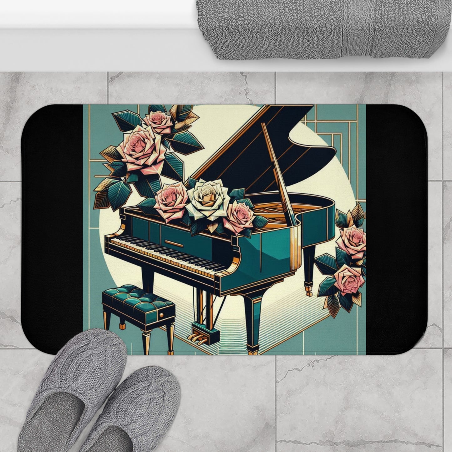 Elegant Piano & Roses Bath Mat - Music Lover Decor