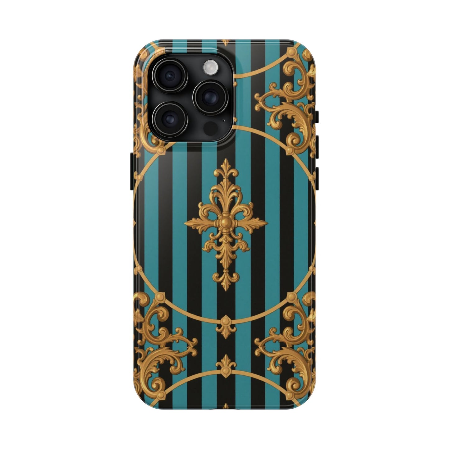 Elegant Turquoise & Black Striped Gold Baroque Phone Case, Tough Phone Cases for Fashion Lovers, Gift for Her, Luxury Accessories