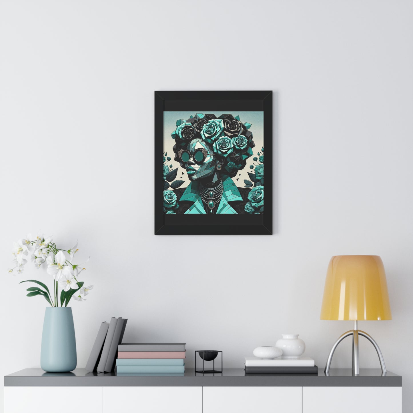 Framed Art Poster, Bohemian Home Decor, Wall Art for Living Room, Gift for Art Lovers, Unique Framed Wall Decor - Turquoise & Black Roses Lady