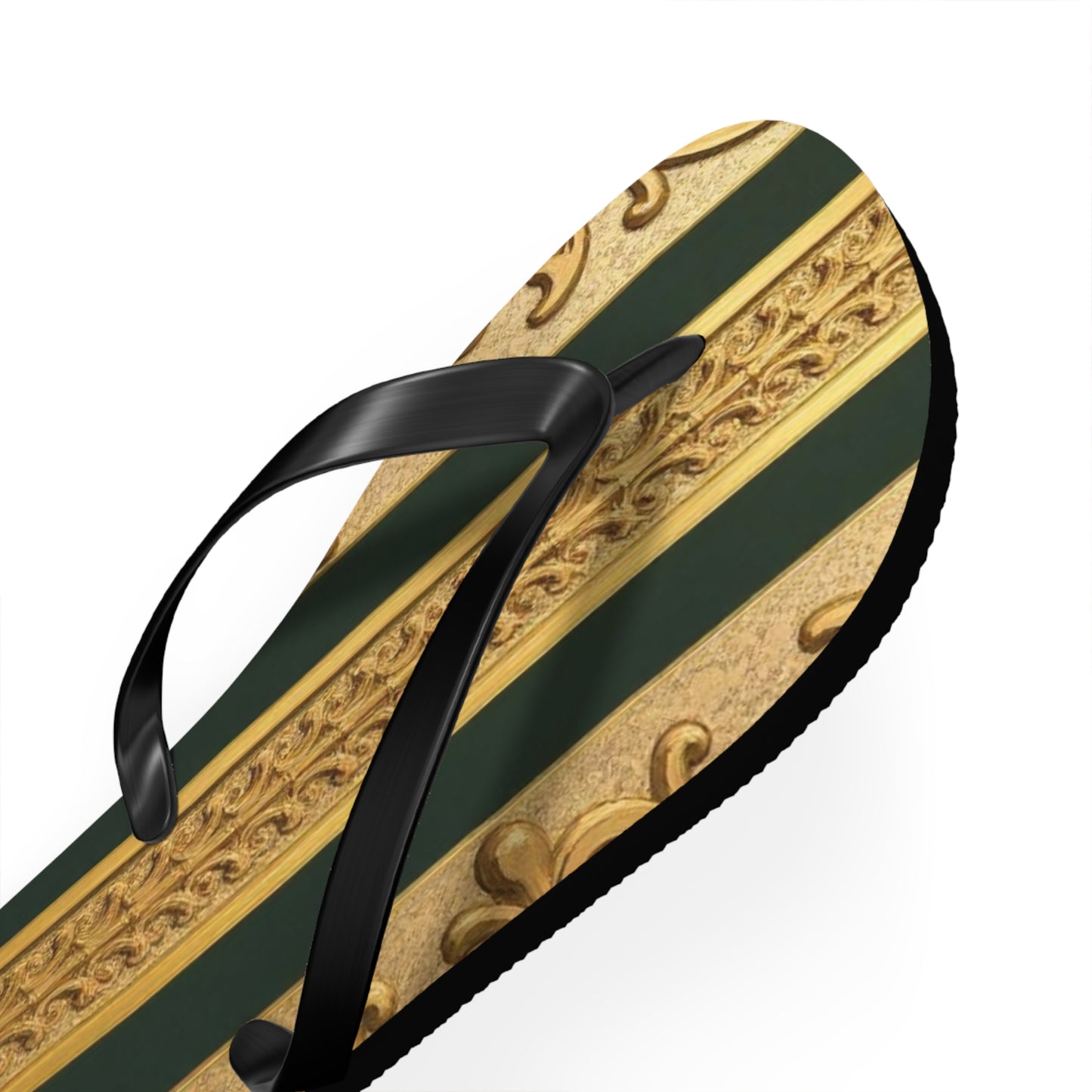 Elegant Teal Striped Gold Baroque Flip Flops, Summer Sandals, Beach Footwear, Vacation Essentials, Stylish Slippers, Poolside Accessories