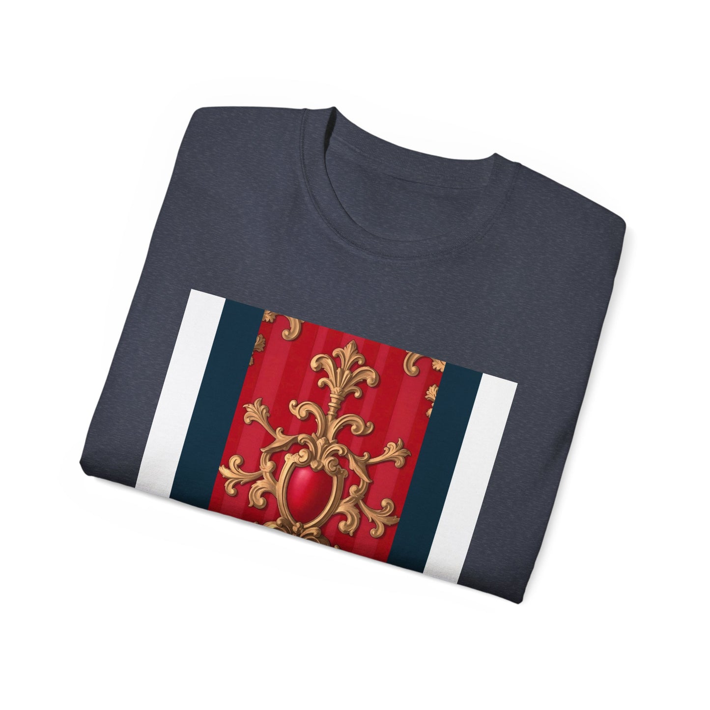 Regal Red Baroque T-Shirt, Artistic Tee, Gift for Art Lovers, Fashionable Statement Shirt, Unique Graphic Top - Blue, Red & White Striped Baroque
