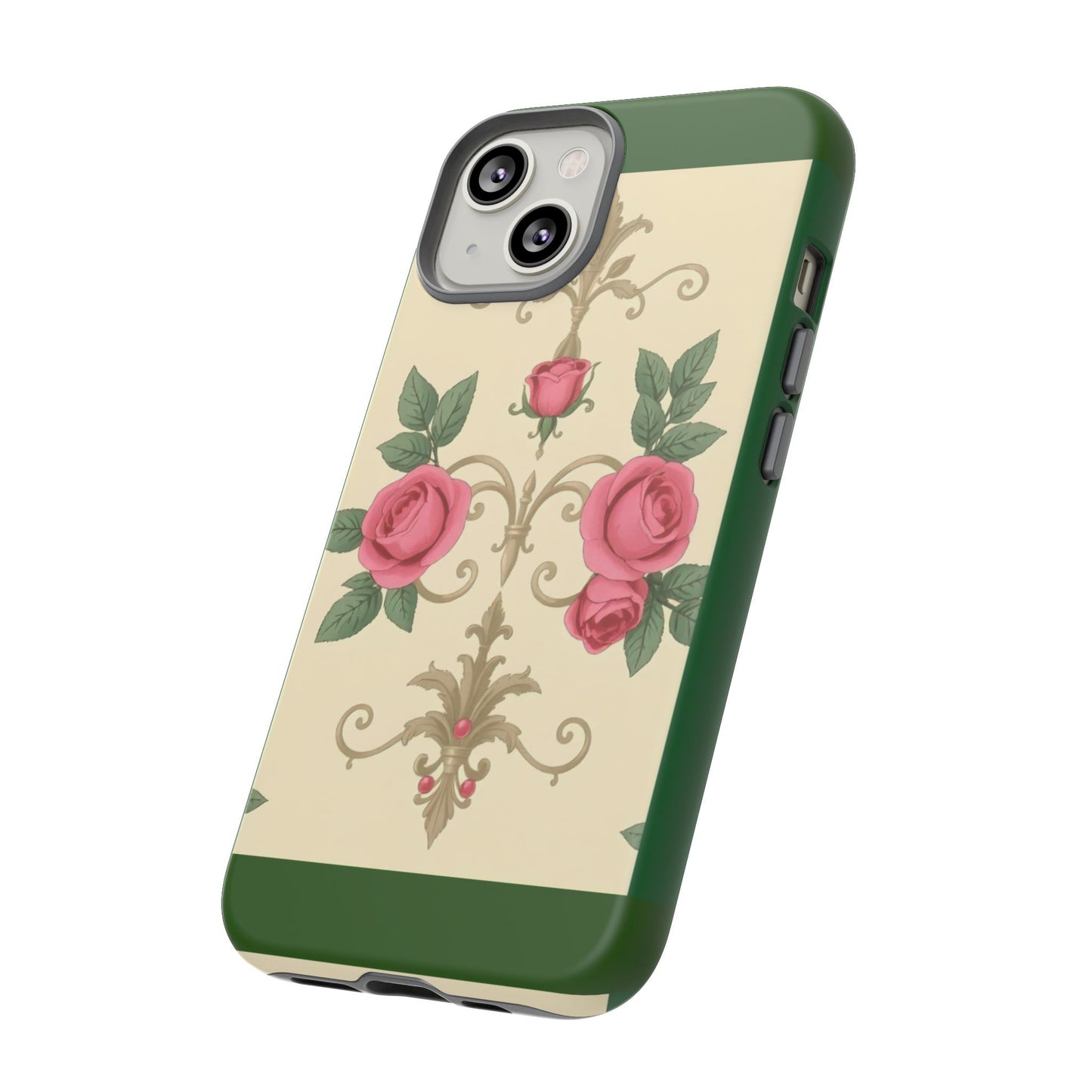 Elegant Floral Motif Phone Case - Tough Cases with Vintage Design - Green Border Roses & Damask